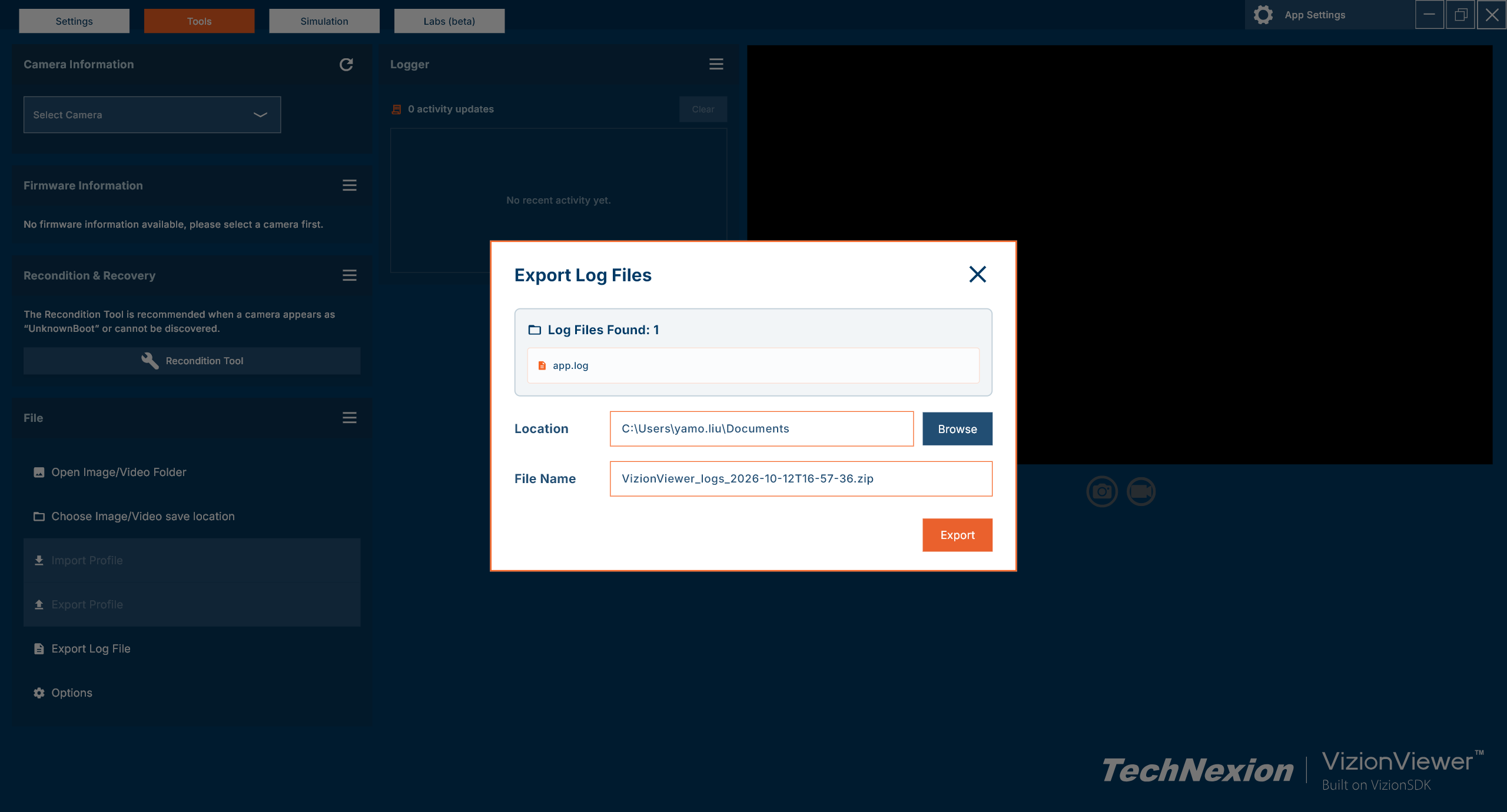 Export Log Files dialog